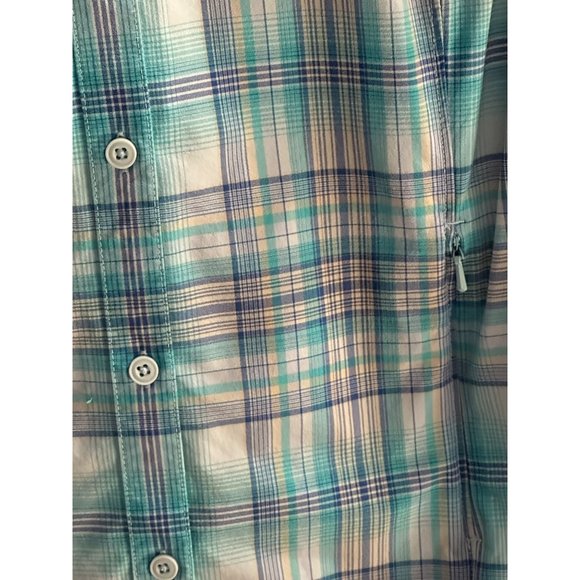 Duluth Trading Co women's size L blue aqua plaid zip pockets nylon button top - Picture 2 of 6